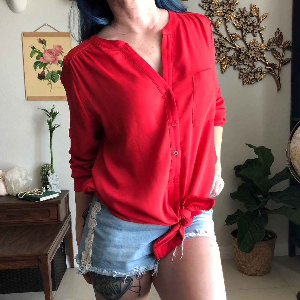 Pleione Silky Long Sleeve Button Down Blouse
